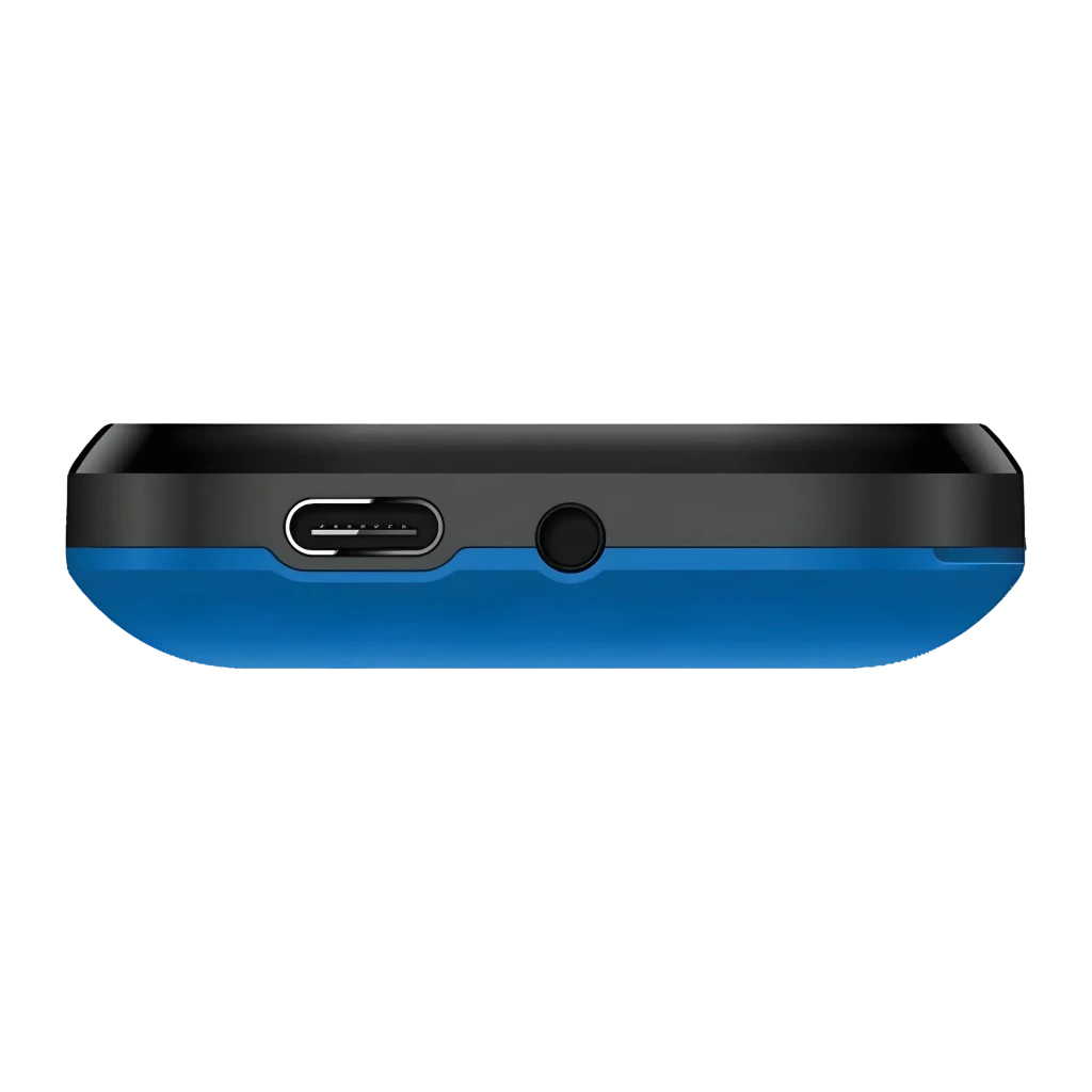 Maxcom MM135 Light Negro/Azul Negro 1,77 pulgadas, detalle inferior: puerto microUSB y jack de audio 3,5 mm en canto azul