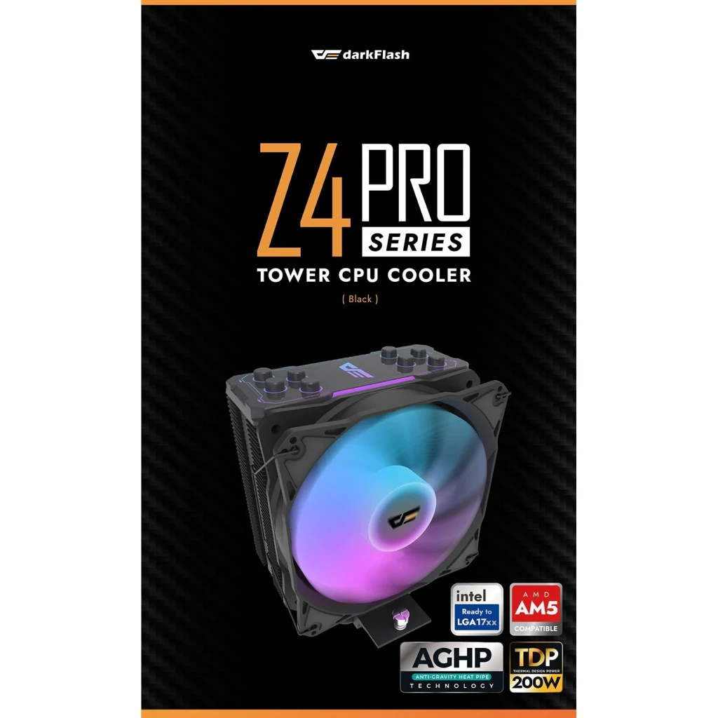 Disipador de CPU Darkflash Z4 Pro Mist 120mm ARGB 200W TDP Negro, contenido de la caja: caja con ventilador ARGB iluminado