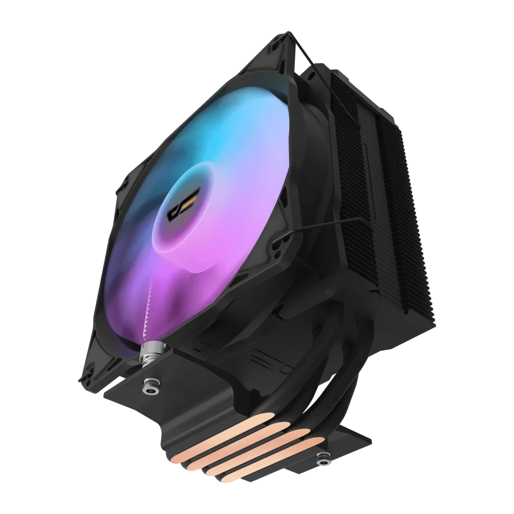Disipador de CPU Darkflash Z4 Pro Mist 120mm ARGB 200W TDP Negro, vista trasera: ventilador ARGB azul-rosa, aletas y heat