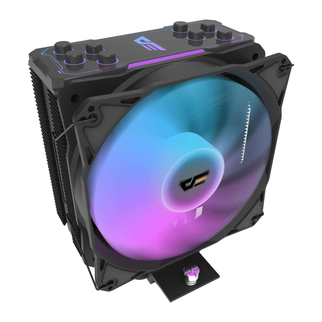 Disipador de CPU Darkflash Z4 Pro Mist 120mm ARGB 200W TDP Negro, detalle: ventilador ARGB con degradado azul-rosa y tapa