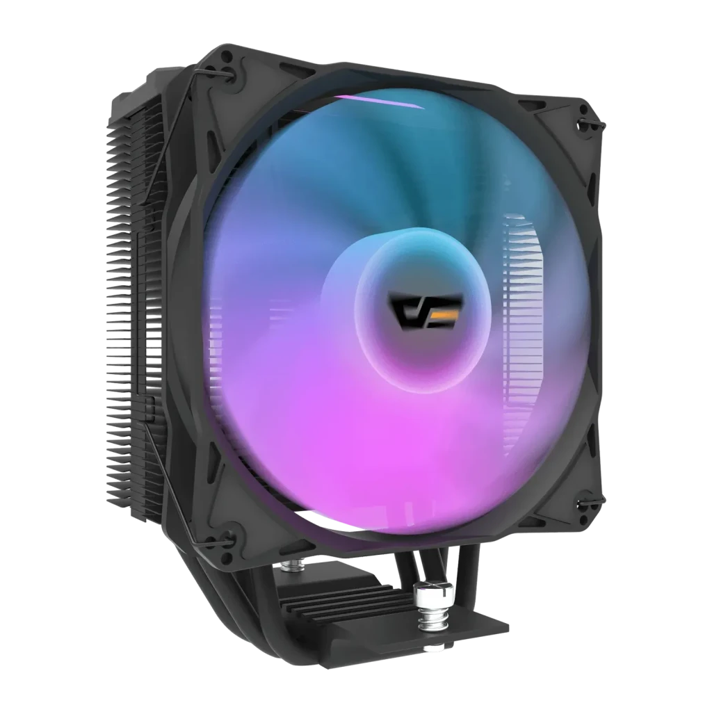 Disipador de CPU Darkflash Z4 Pro Mist 120mm ARGB 200W TDP Negro, vista frontal: ventilador ARGB con degradado azul-rosa