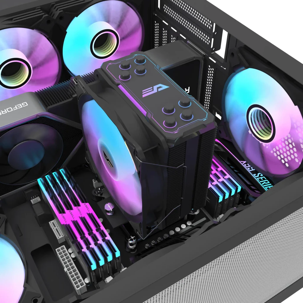 Disipador de CPU Darkflash Z4 Pro Mist 120mm ARGB 200W TDP Negro, en uso: instalado en placa base con iluminación ARGB rosa