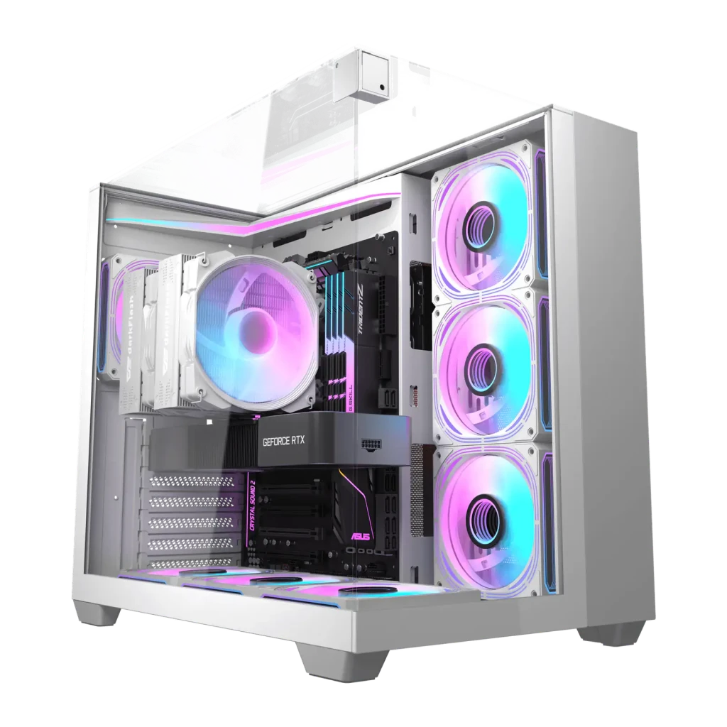 Caja PC Darkflash TH285 Cristal Templado ATX/M-ATX/ITX Blanco, vista frontal: interior con ventiladores ARGB y GPU visible