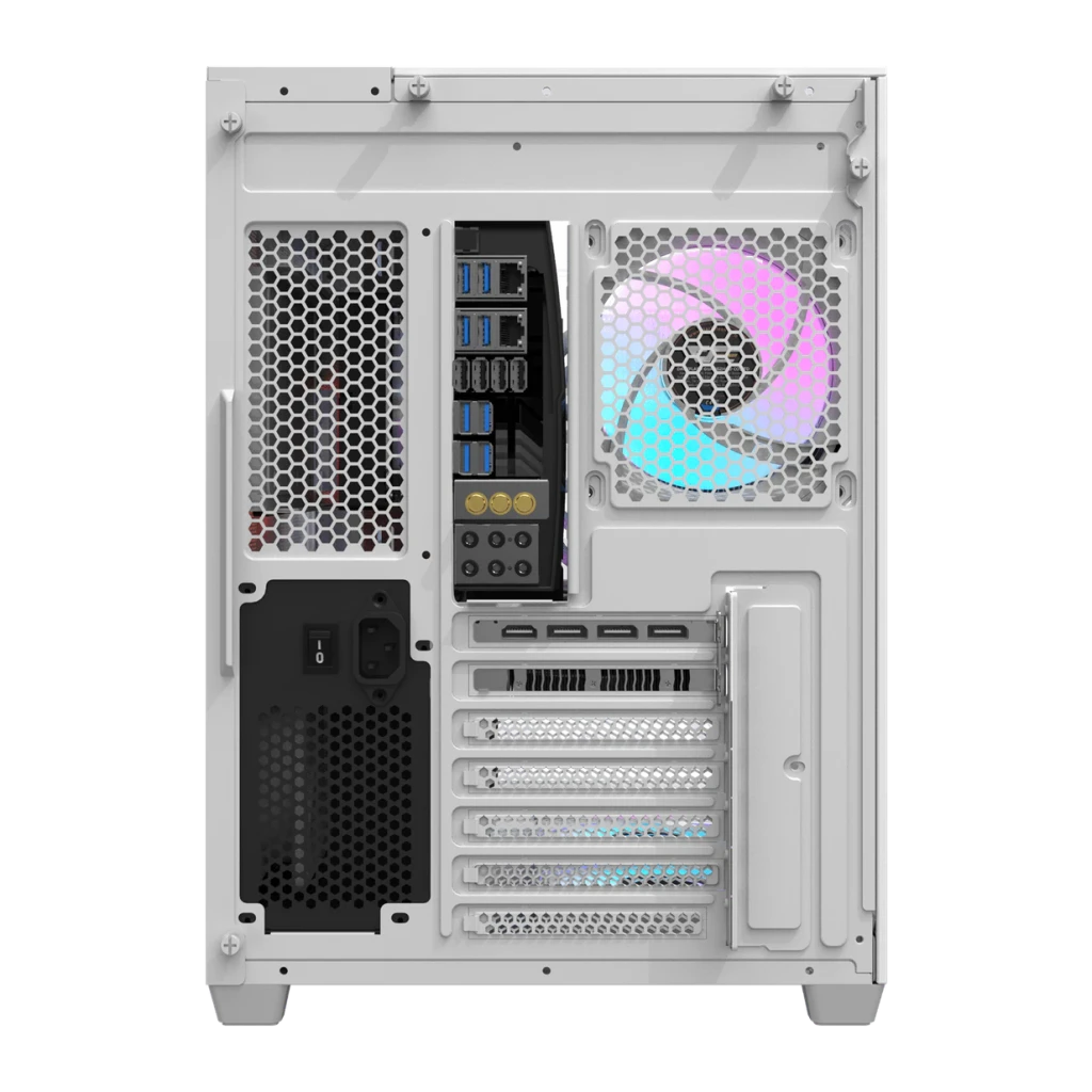Caja PC Darkflash TH285 Cristal Templado ATX/M-ATX/ITX Blanco, vista trasera: panel I/O, ranuras de expansión, ventilador