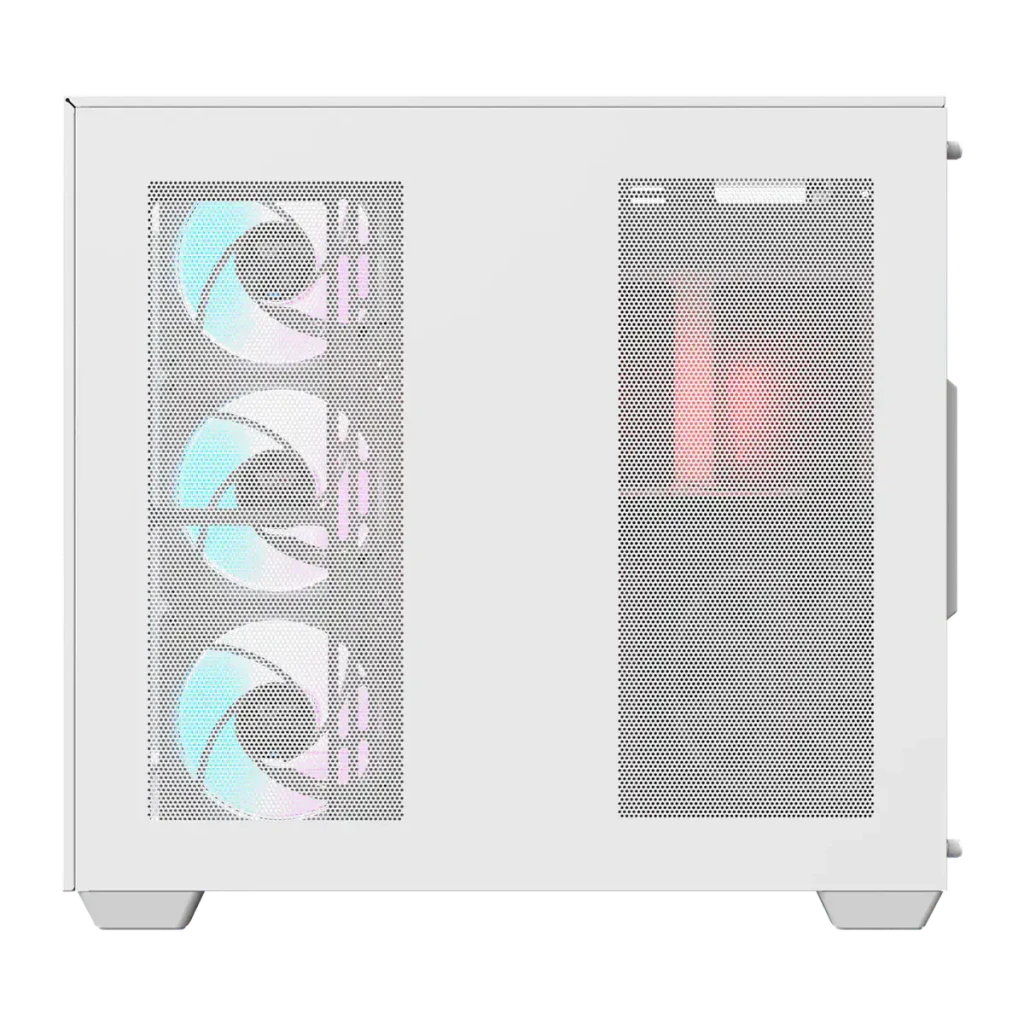 Caja PC Darkflash TH285 Cristal Templado ATX/M-ATX/ITX Blanco, detalle frontal: panel mesh con 3 ventiladores ARGB y zona