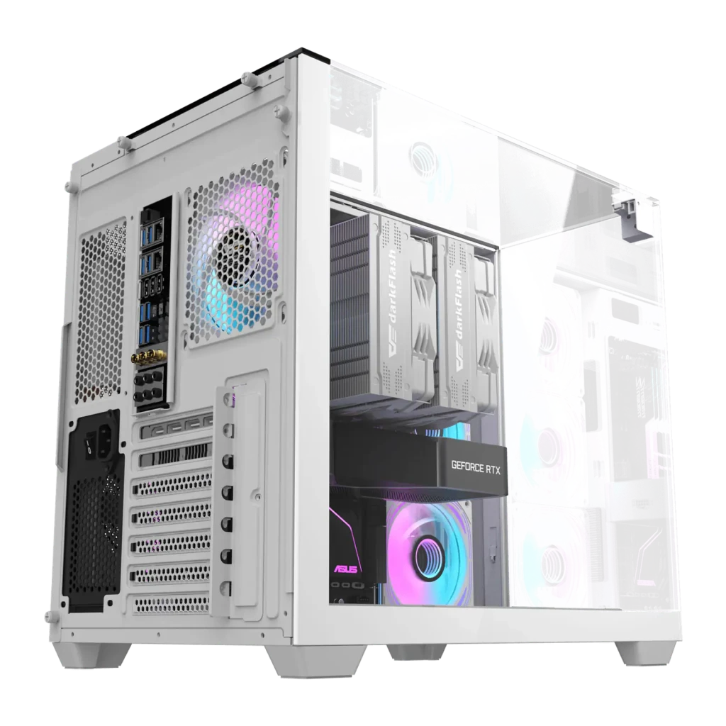 Caja PC Darkflash TH285 Cristal Templado ATX/M-ATX/ITX Blanco, detalle: interior con GPU GeForce RTX, ventiladores RGB