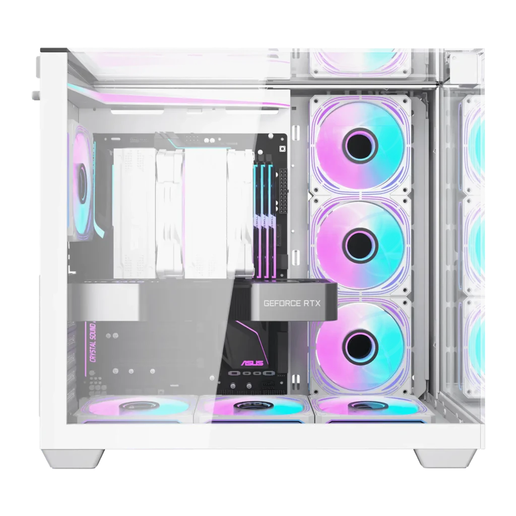 Caja PC Darkflash TH285 Cristal Templado ATX/M-ATX/ITX Blanco, detalle: interior con ventiladores ARGB, GPU GeForce RTX
