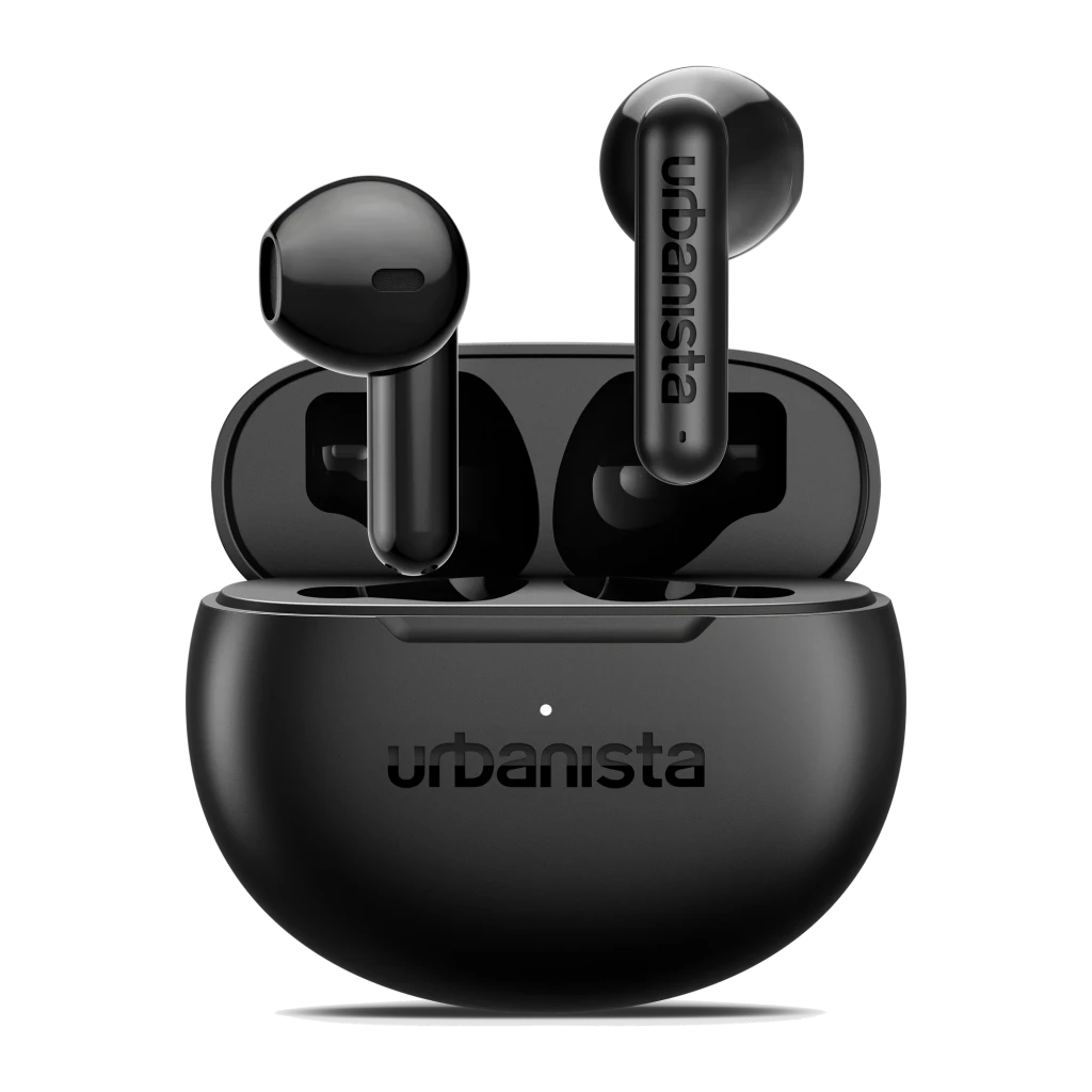 Écouteurs Urbanista Austin 2 TWS Bluetooth 6.0 25h Noir Minuit, vue de face: deux écouteurs sortant du boîtier ouvert
