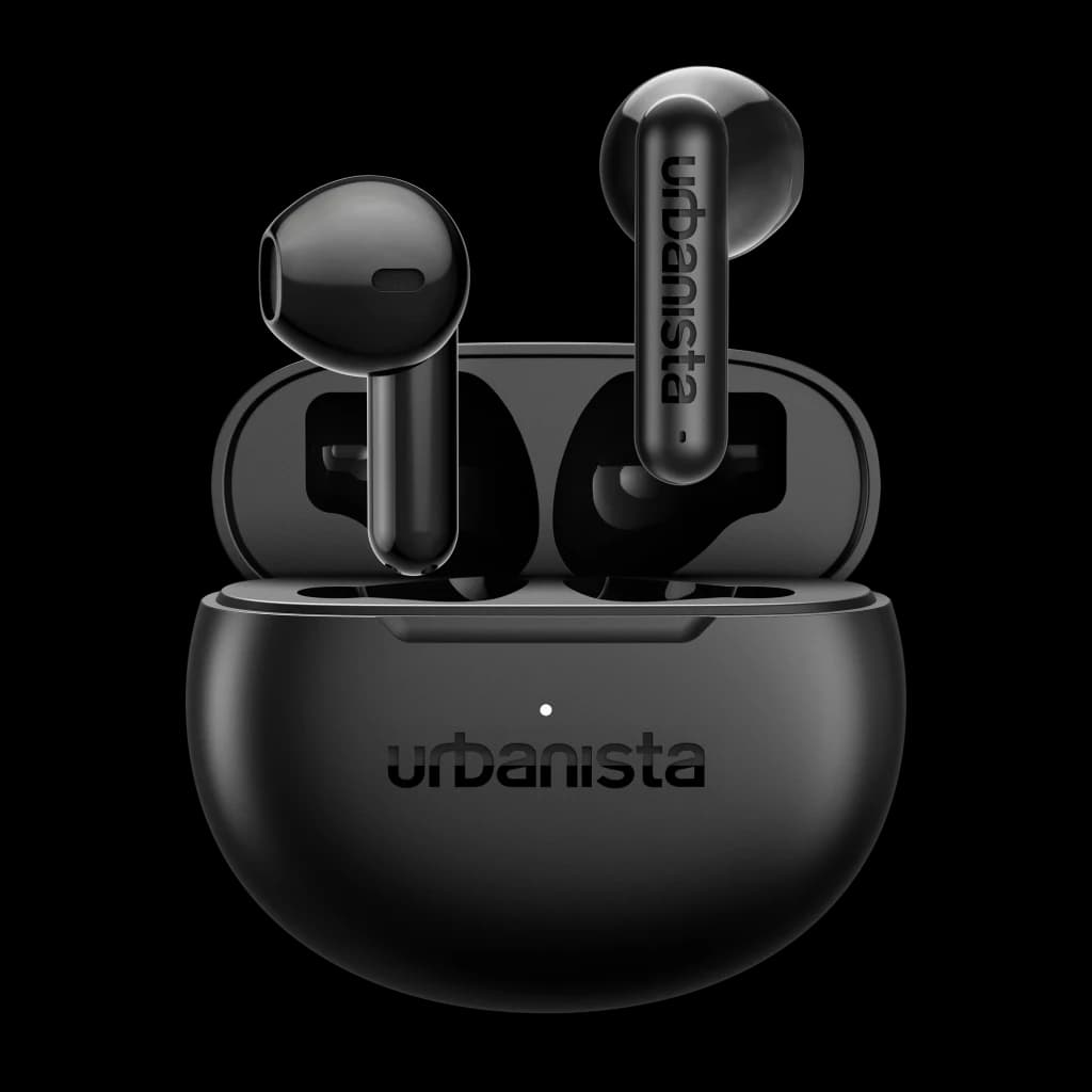 Écouteurs Urbanista Austin 2 TWS Bluetooth 6.0 25h Noir Minuit, vue de face: deux écouteurs sortant du boîtier ouvert