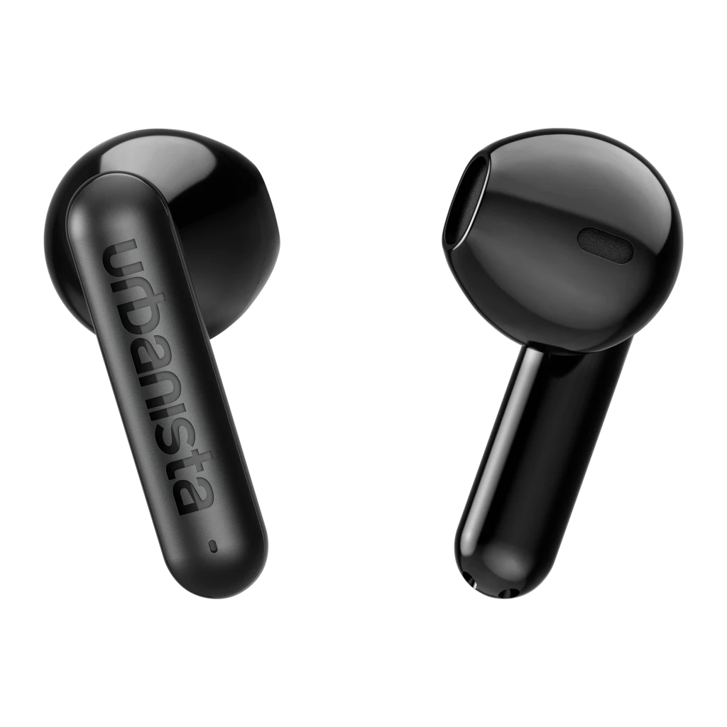 Écouteurs Urbanista Austin 2 TWS Bluetooth 6.0 25h Noir Minuit, détail: logo Urbanista sur tige gauche et bouton