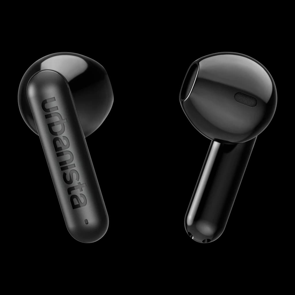 Écouteurs Urbanista Austin 2 TWS Bluetooth 6.0 25h Noir Minuit, détail: logo Urbanista sur tige gauche et bouton