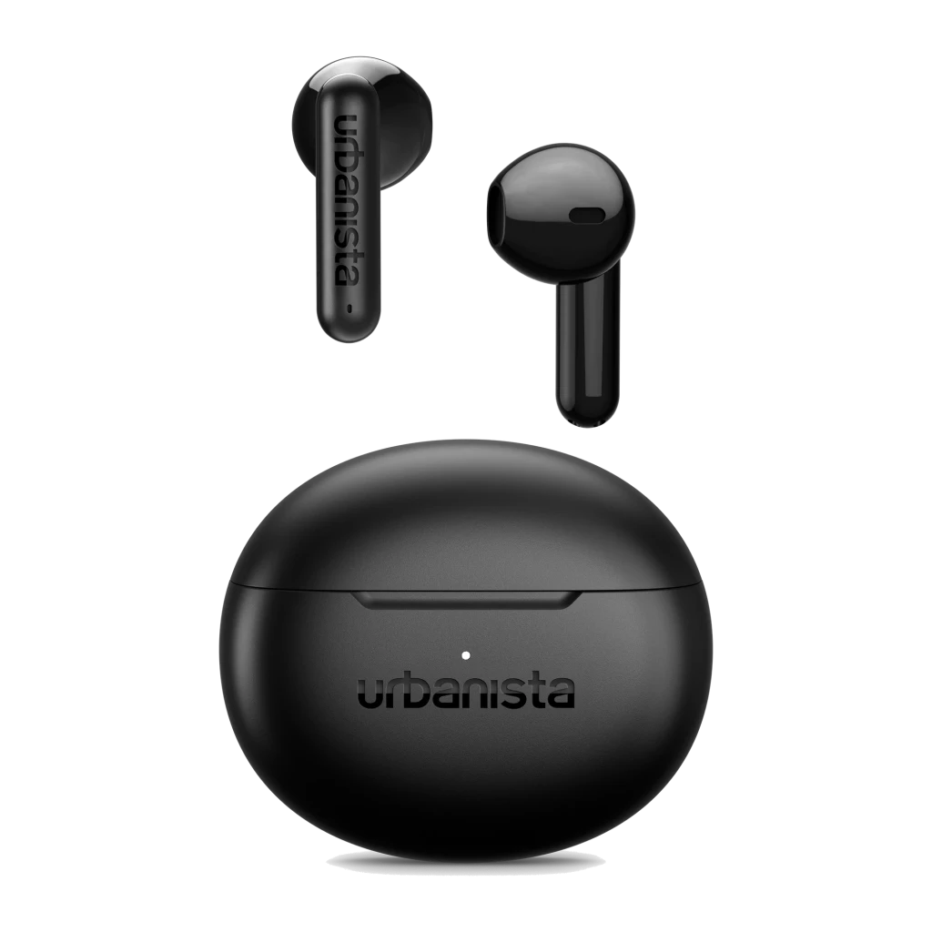 Écouteurs Urbanista Austin 2 TWS Bluetooth 6.0 25h Noir Minuit, détail: les deux écouteurs flottant au-dessus du boîtier