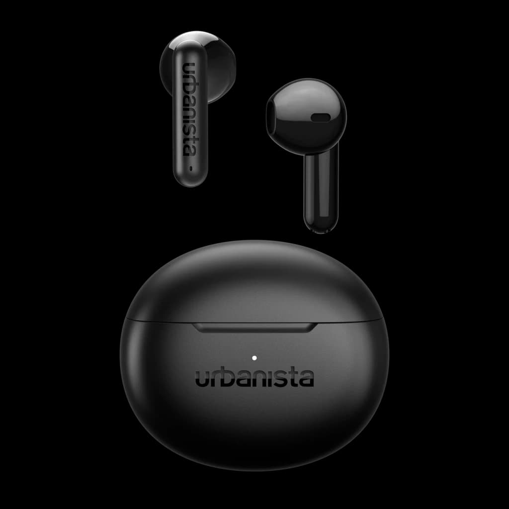 Écouteurs Urbanista Austin 2 TWS Bluetooth 6.0 25h Noir Minuit, détail: les deux écouteurs flottant au-dessus du boîtier