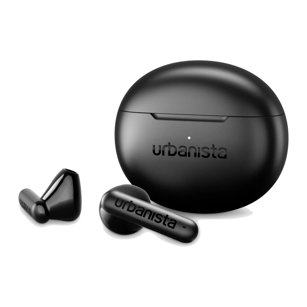 Écouteurs Urbanista Austin 2 TWS Bluetooth 6.0 25h Noir Minuit, détail: deux écouteurs et boîtier de charge avec logo