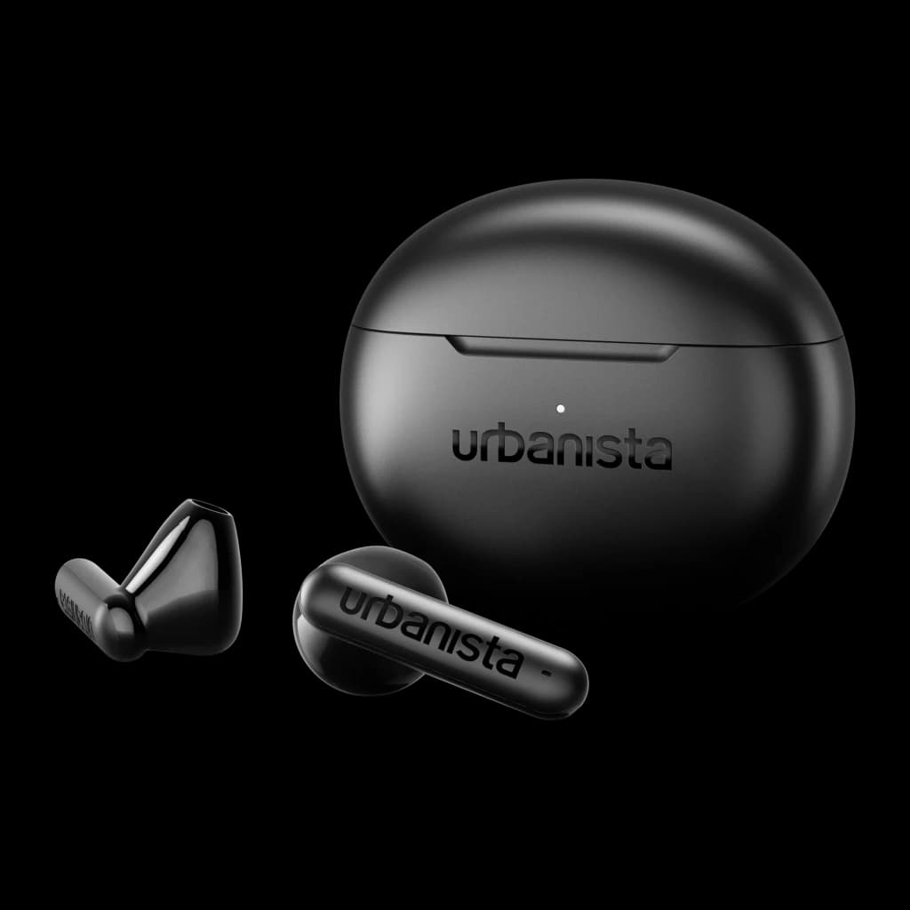 Écouteurs Urbanista Austin 2 TWS Bluetooth 6.0 25h Noir Minuit, détail: deux écouteurs et boîtier de charge avec logo
