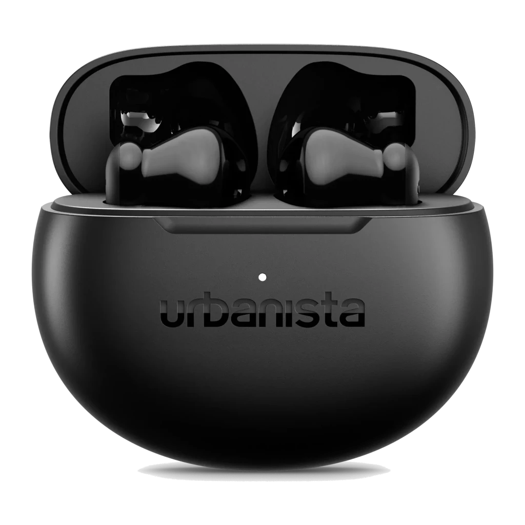 Écouteurs Urbanista Austin 2 TWS Bluetooth 6.0 25h Noir Minuit, détail: boîtier ouvert de face avec écouteurs à l'intérieur