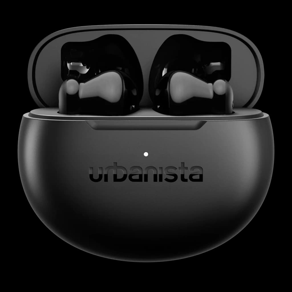 Écouteurs Urbanista Austin 2 TWS Bluetooth 6.0 25h Noir Minuit, détail: boîtier ouvert de face avec écouteurs à l'intérieur