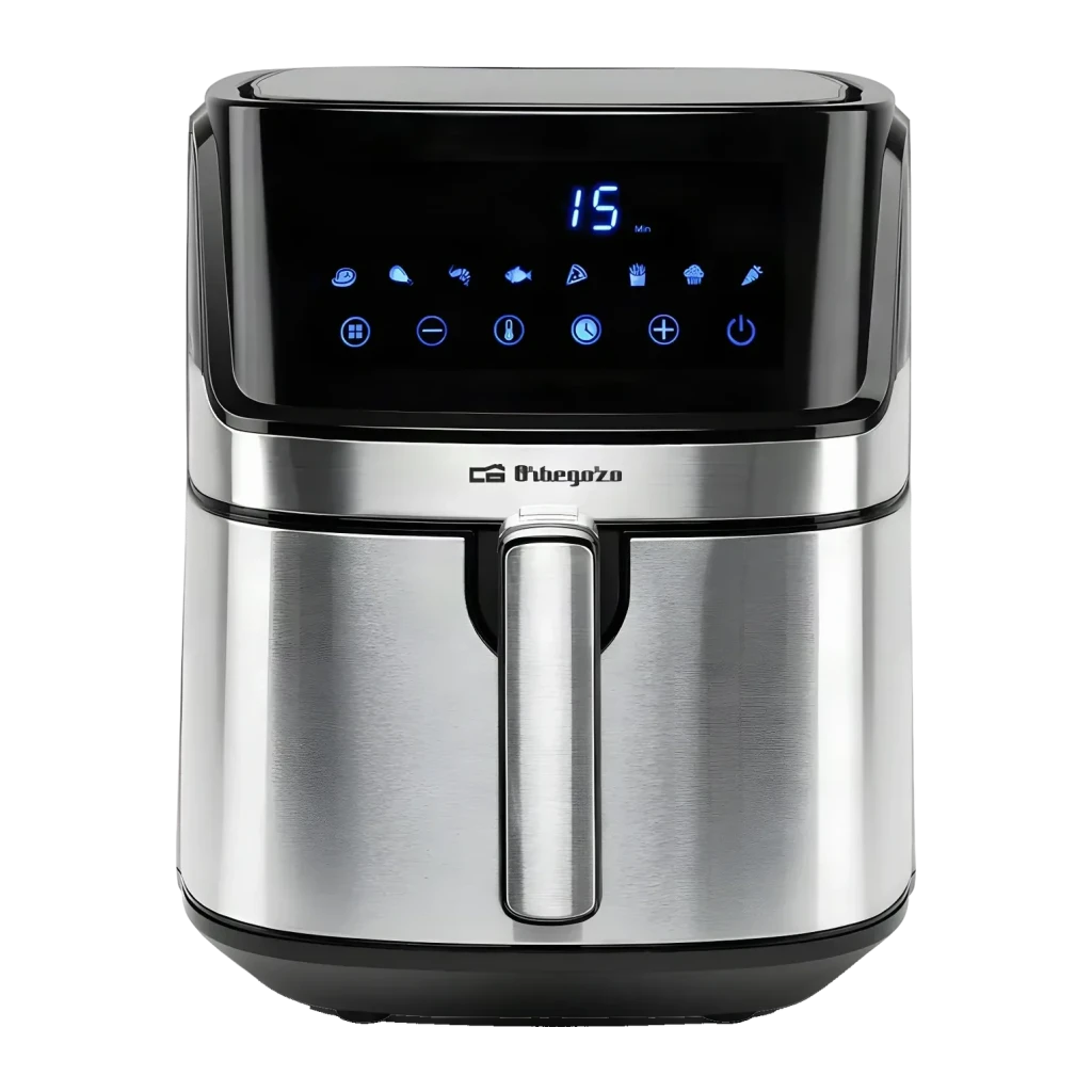 Friteuse à Air Orbegozo FDR 67 5,5L 1700W 8 Programmes Noir, détail: panneau tactile LED bleu avec 8 icônes et corps inox