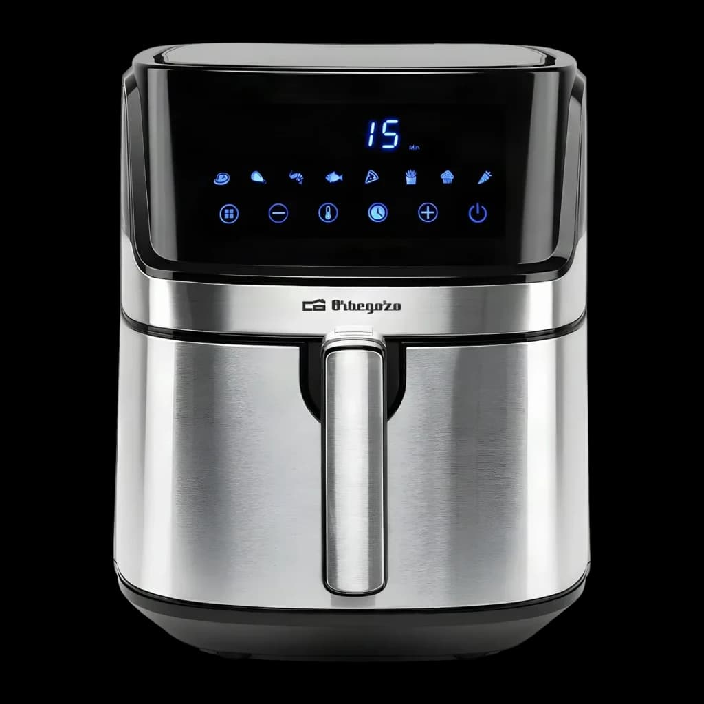 Friteuse à Air Orbegozo FDR 67 5,5L 1700W 8 Programmes Noir, détail: panneau tactile LED bleu avec 8 icônes et corps inox