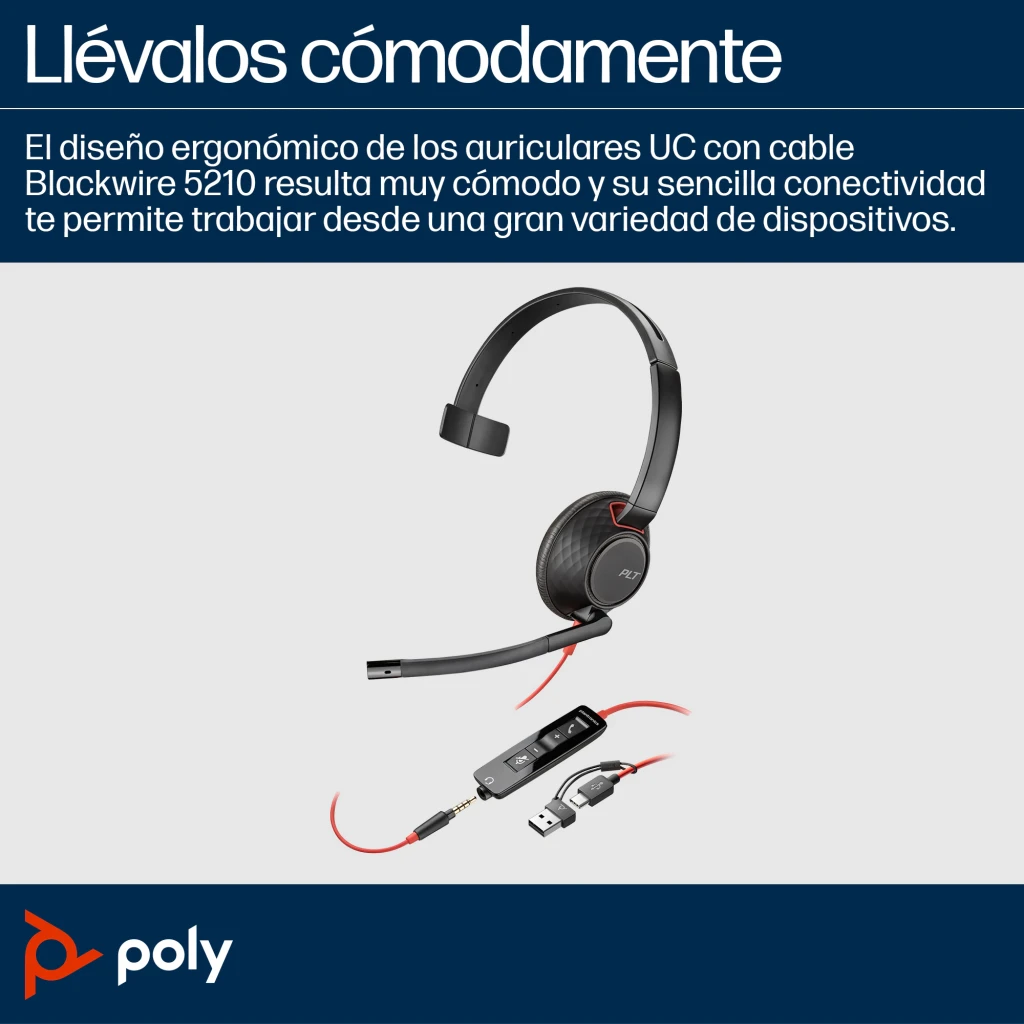 Casque Poly Blackwire 5210 Monaural USB-C Réduction de bruit (microphone) Noir, vue latérale: casque mono noir avec câble