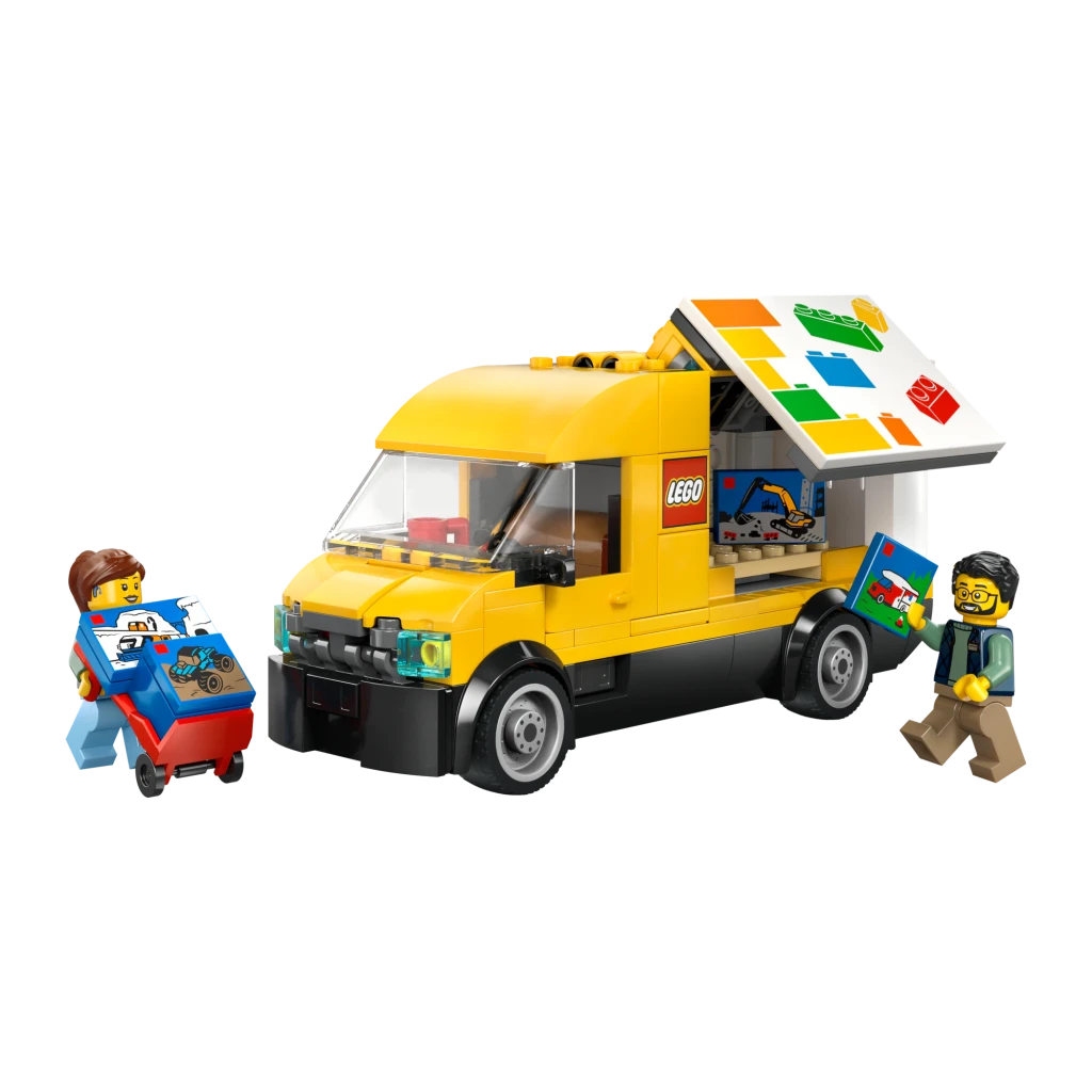 Set LEGO City Der Lieferwagen 60500 276 piezas 6+ años, vista frontal: furgoneta amarilla con techo abatible, dos