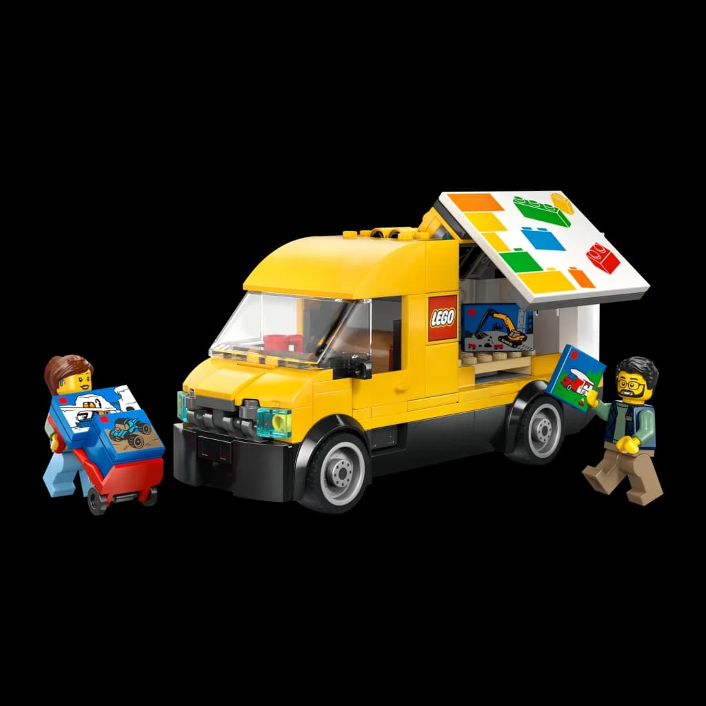 Set LEGO City Der Lieferwagen 60500 276 pièces 6+ ans, vue de face: camionnette jaune toit ouvrant, deux minifigurines