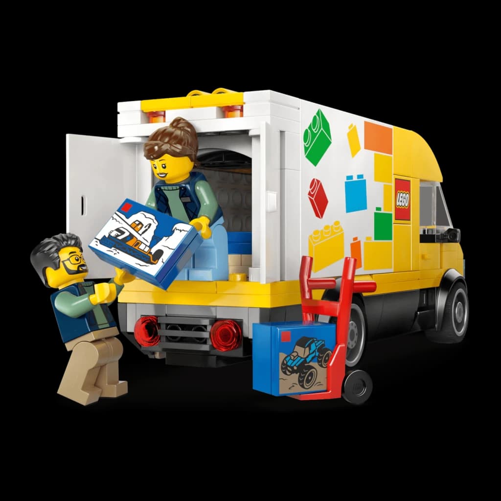 Set LEGO City Der Lieferwagen 60500 276 pièces 6+ ans, vue arrière: porte ouverte, deux minifigurines déchargeant des colis