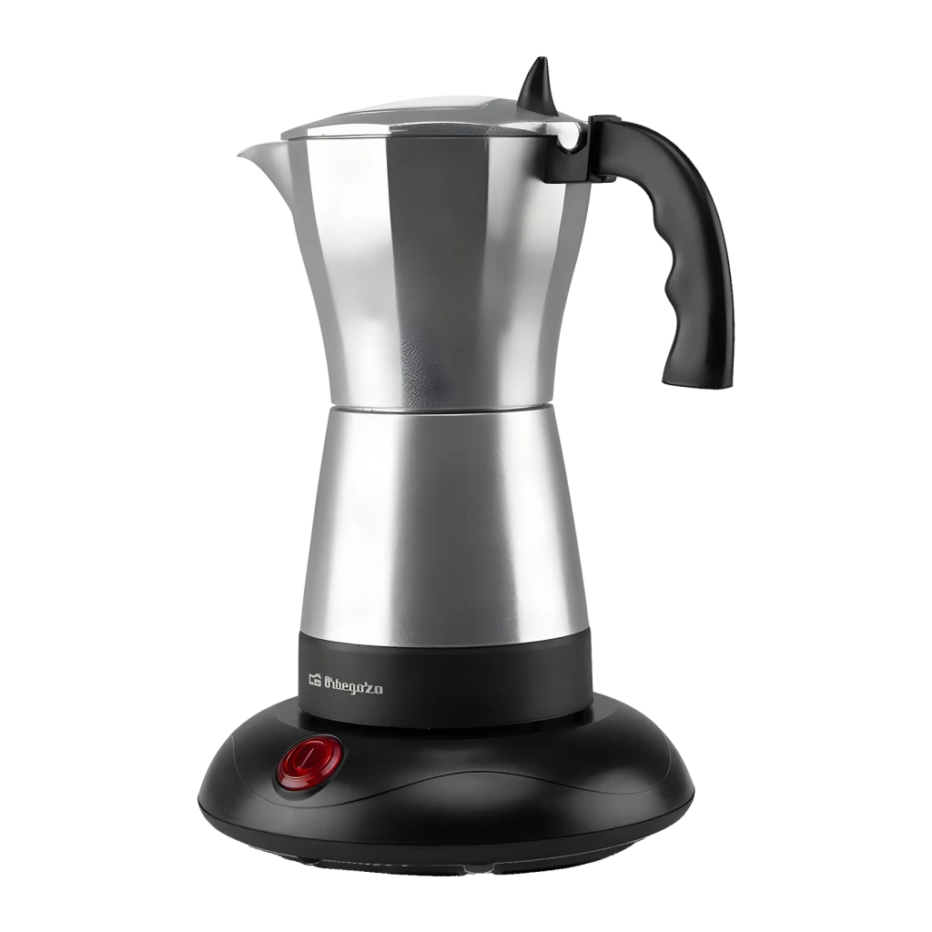 Cafetière italienne électrique Orbegozo 3 tasses 480W Noir KFE 660, vue de face: corps argenté, socle noir avec bouton rouge
