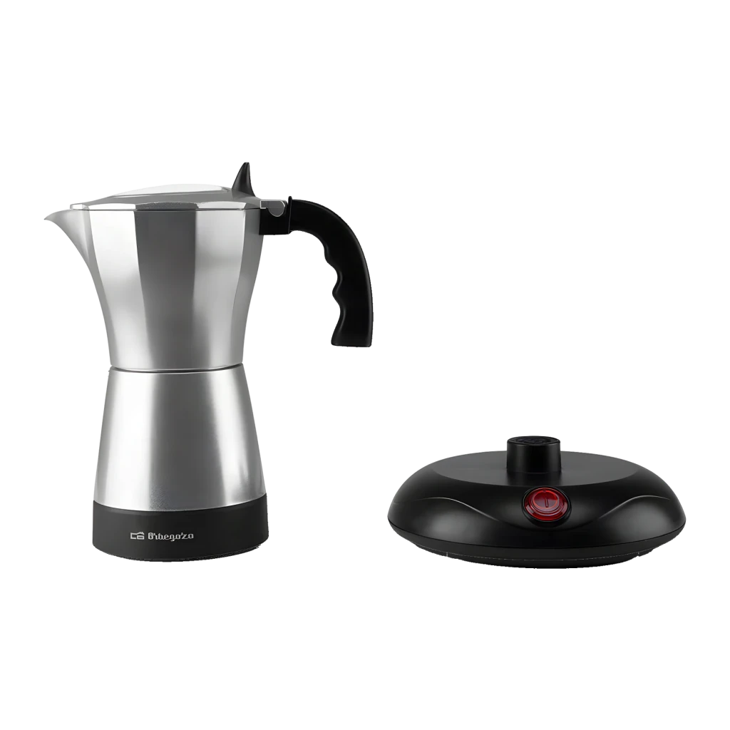 Cafetière italienne électrique Orbegozo 3 tasses 480W Noir KFE 660, détail: corps argenté séparé de la base noire
