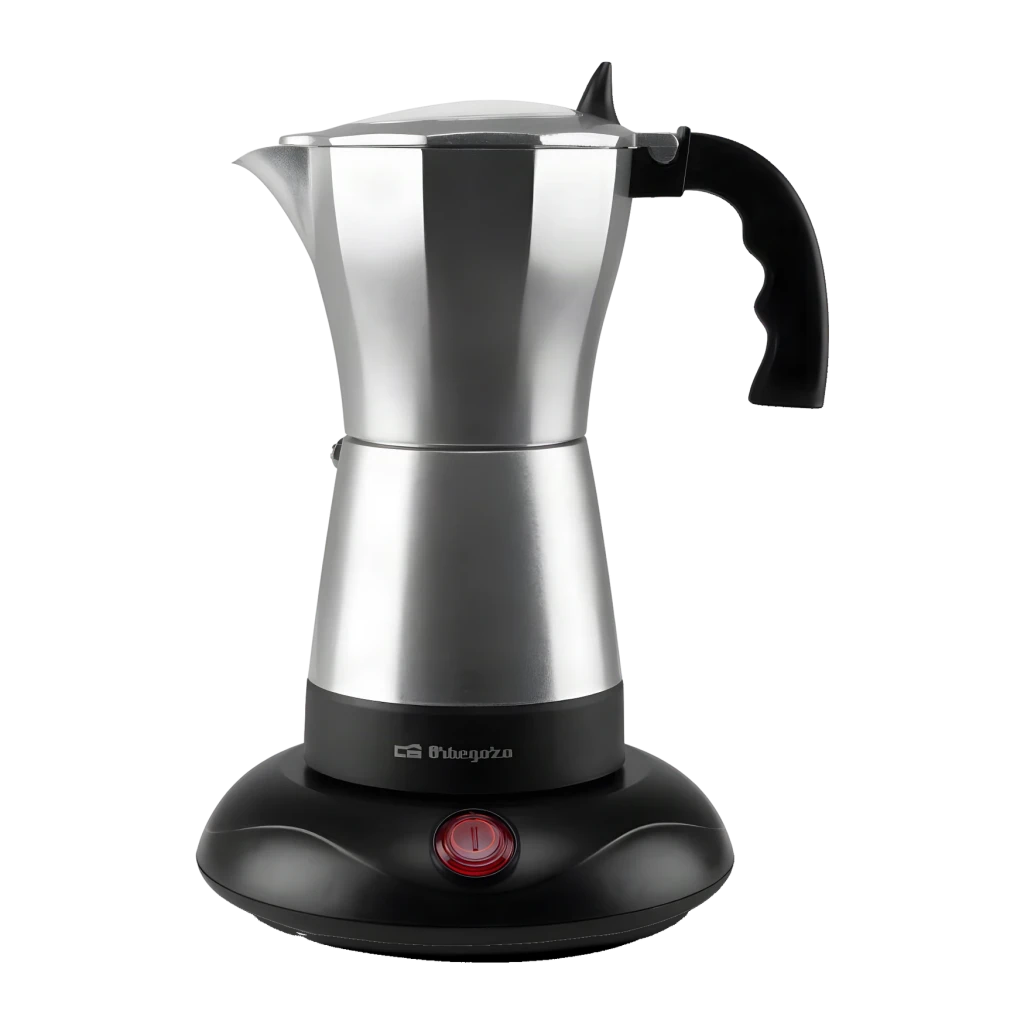 Cafetière italienne électrique Orbegozo 3 tasses 480W Noir KFE 660, détail: base électrique noire avec bouton rouge et corps