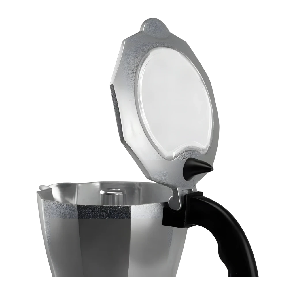 Cafetière italienne électrique Orbegozo 3 tasses 480W Noir KFE 660, détail: couvercle argenté articulé ouvert et corps
