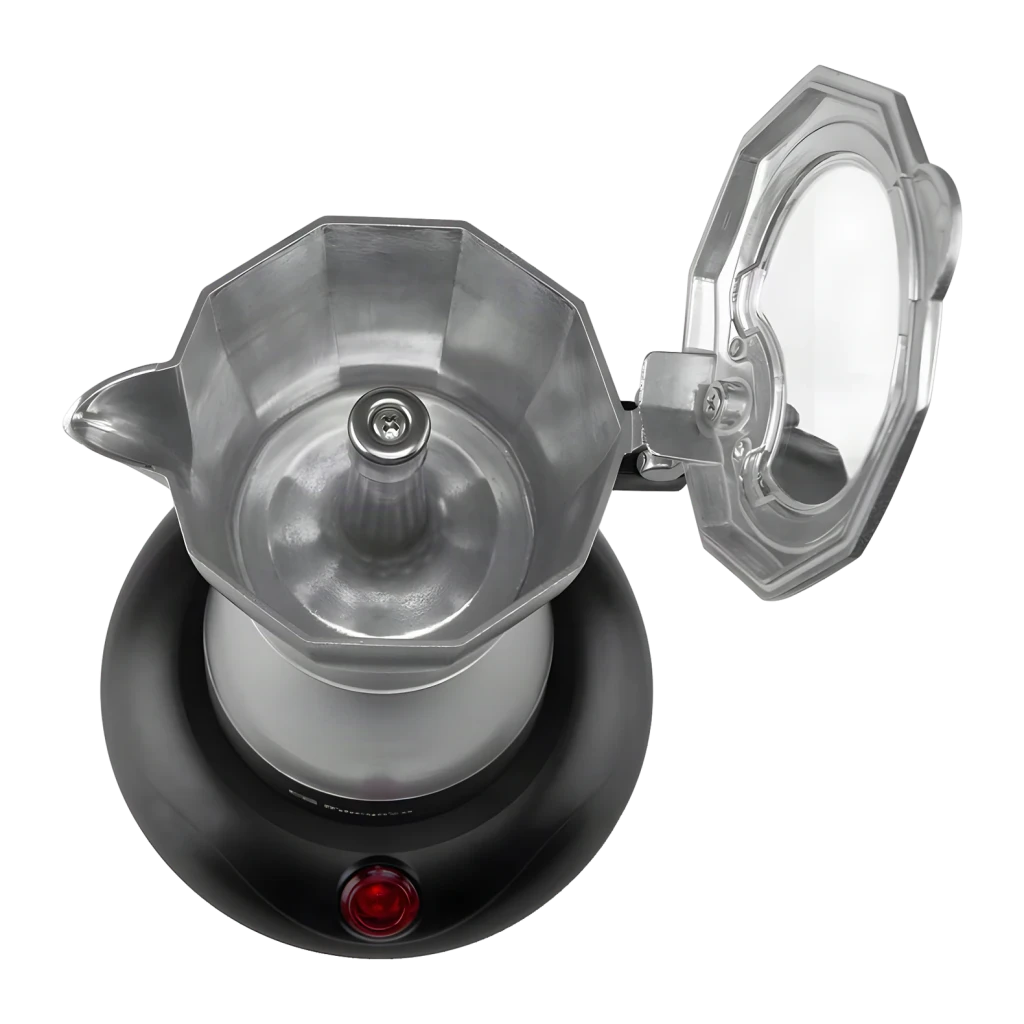 Cafetière italienne électrique Orbegozo 3 tasses 480W Noir KFE 660, détail: vue du dessus avec couvercle transparent ouvert