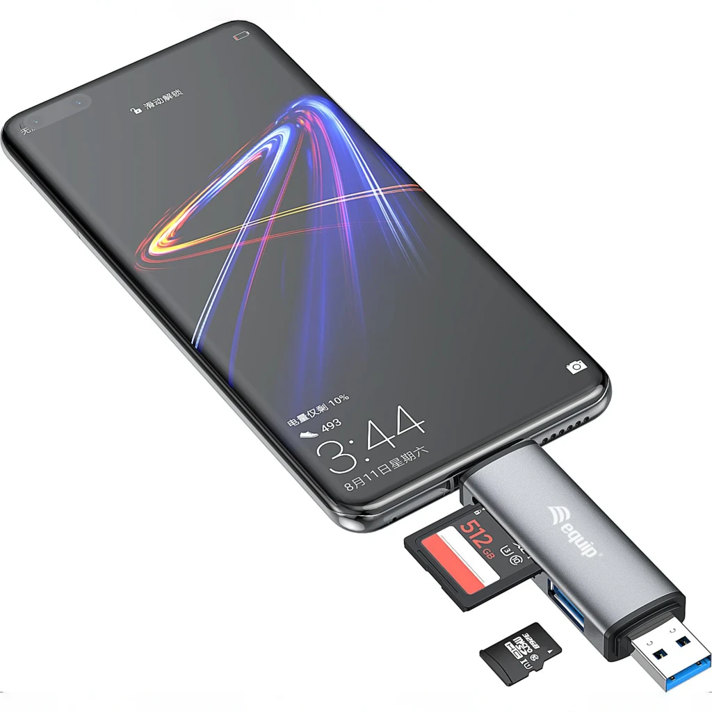 Lecteur de cartes Equip 245460 USB 3.2 Gen 1 Type-A/Type-C Gris, en utilisation: branché sur smartphone avec cartes SD