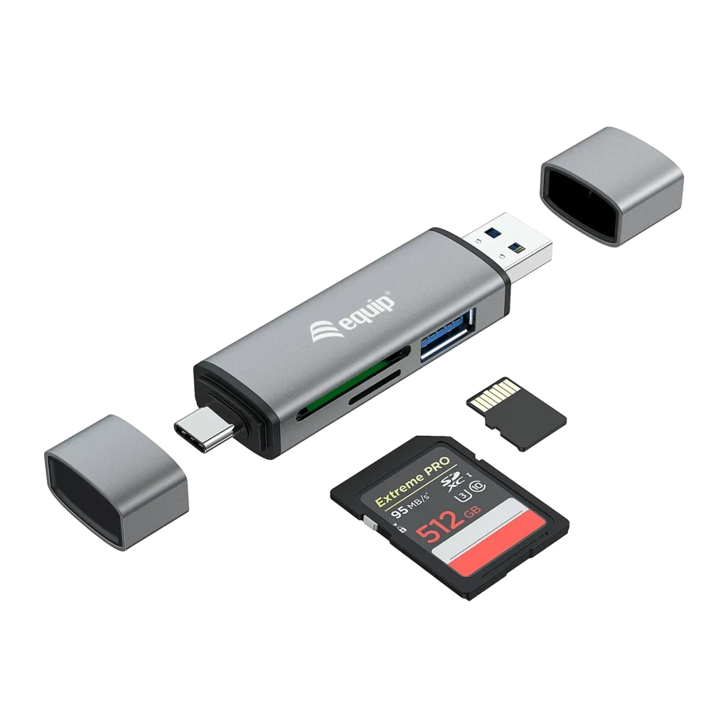 Lecteur de cartes Equip 245460 USB 3.2 Gen 1 Type-A/Type-C Gris, détail: connecteurs Type-A et Type-C, capuchons retirés