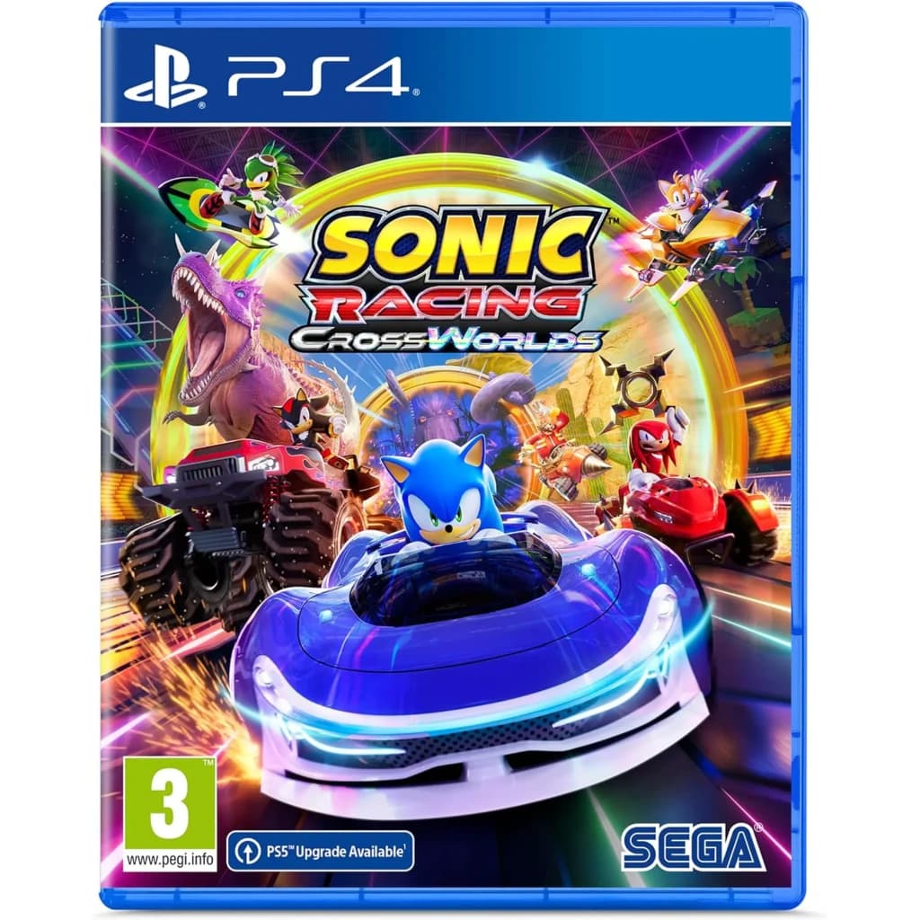 Videojogo Sega Sonic Racing: CrossWorlds Prata Edição Padrão PS4, vista frontal: caixa azul PS4 com Sonic em kart