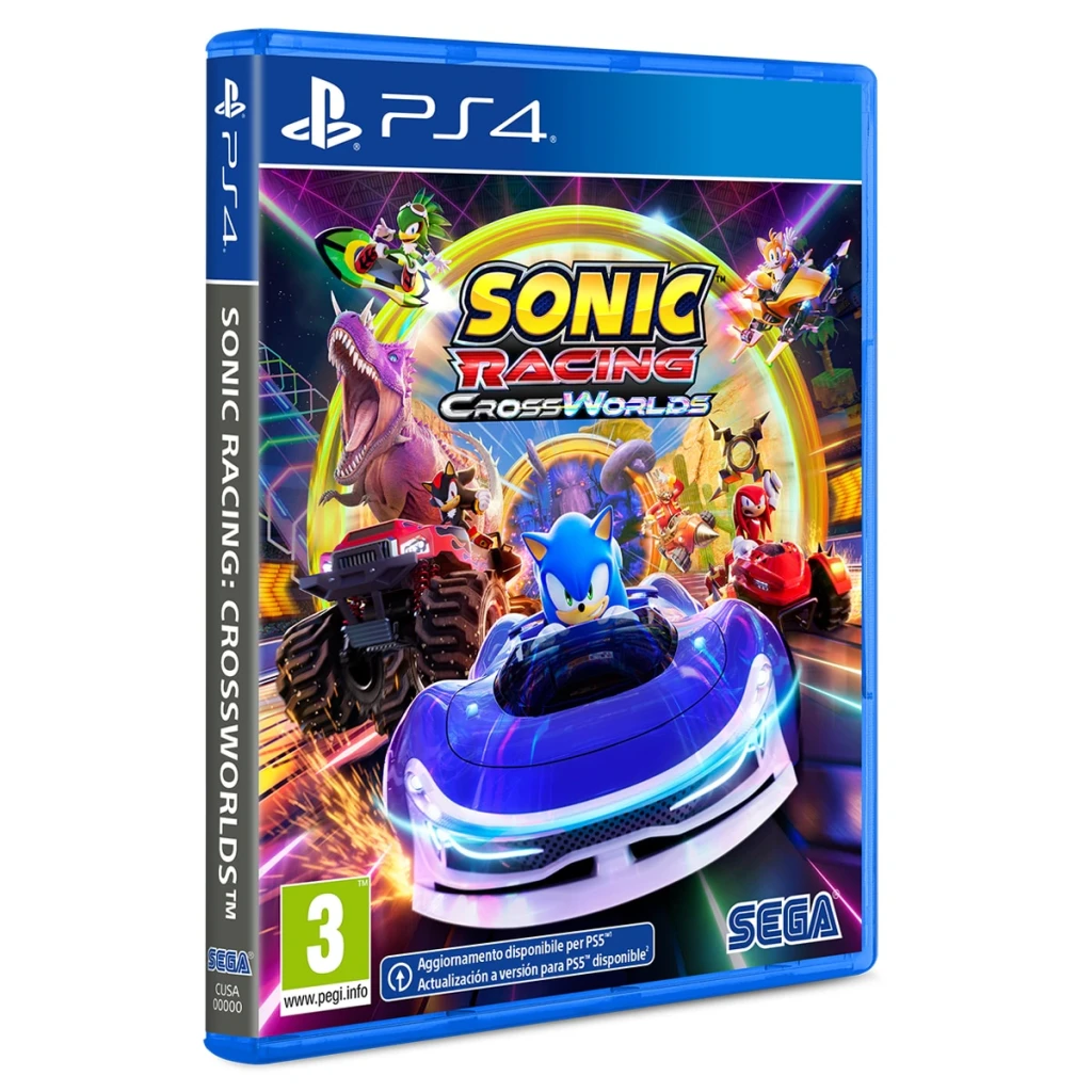 Videojogo Sega Sonic Racing: CrossWorlds Prata Edição Padrão PS4, detalhe: capa frontal com Sonic em kart azul e personagens