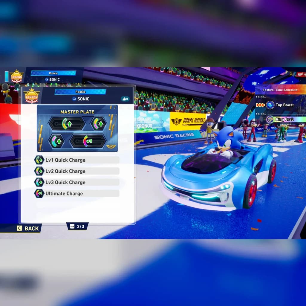 Videojogo Sega Sonic Racing: CrossWorlds Prata Edição Padrão PS4, em uso: menu Master Plate com Sonic em kart azul na pista