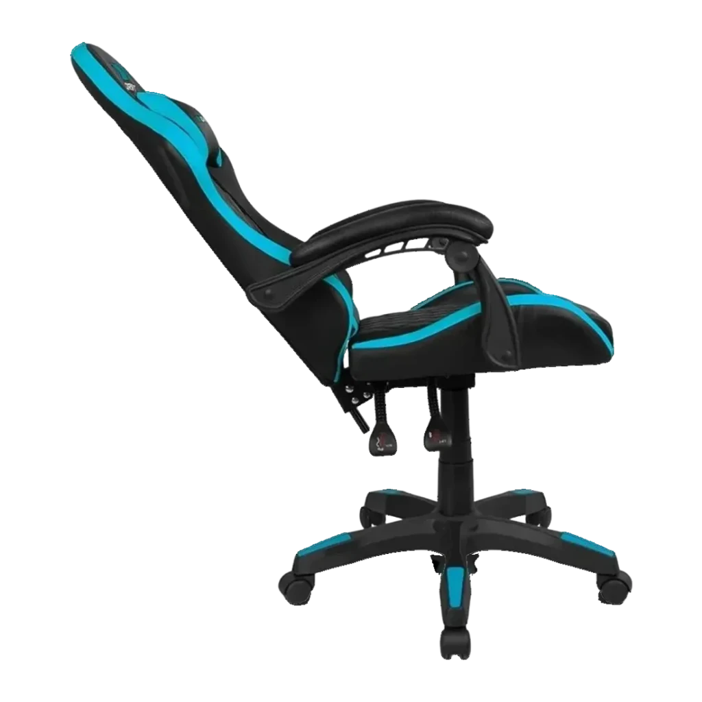 Silla Gaming DRIFT DR35 Negro/Azul Poliuretano 100kg Reclinable 135°, detalle lateral: respaldo reclinado, costuras azules
