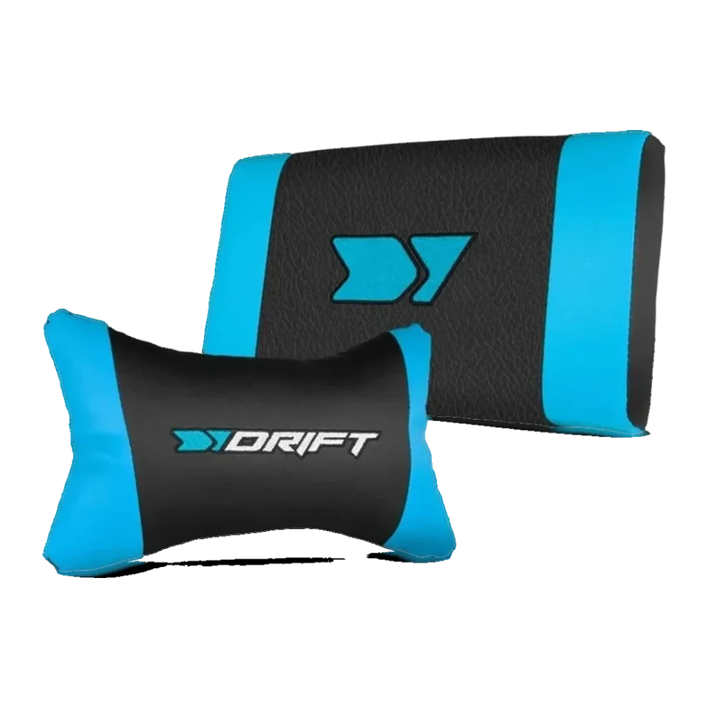 Silla Gaming DRIFT DR35 Negro/Azul Poliuretano 100kg Reclinable 135°, detalle: almohada cervical y cojín lumbar negro y azul
