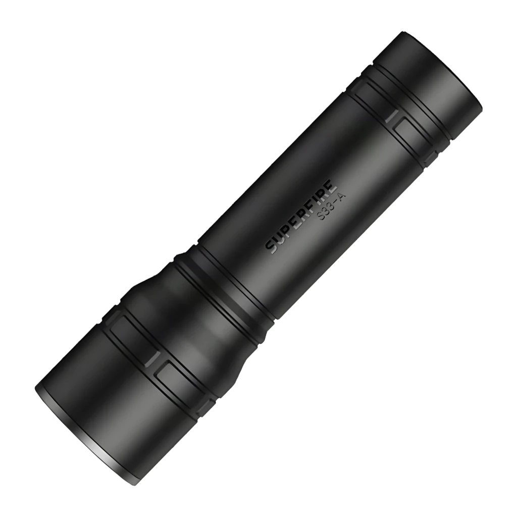 Lanterna LED Superfire Preto Recarregável USB 124 lúmens 219 m S33-A, vista frontal: corpo cilíndrico preto mate