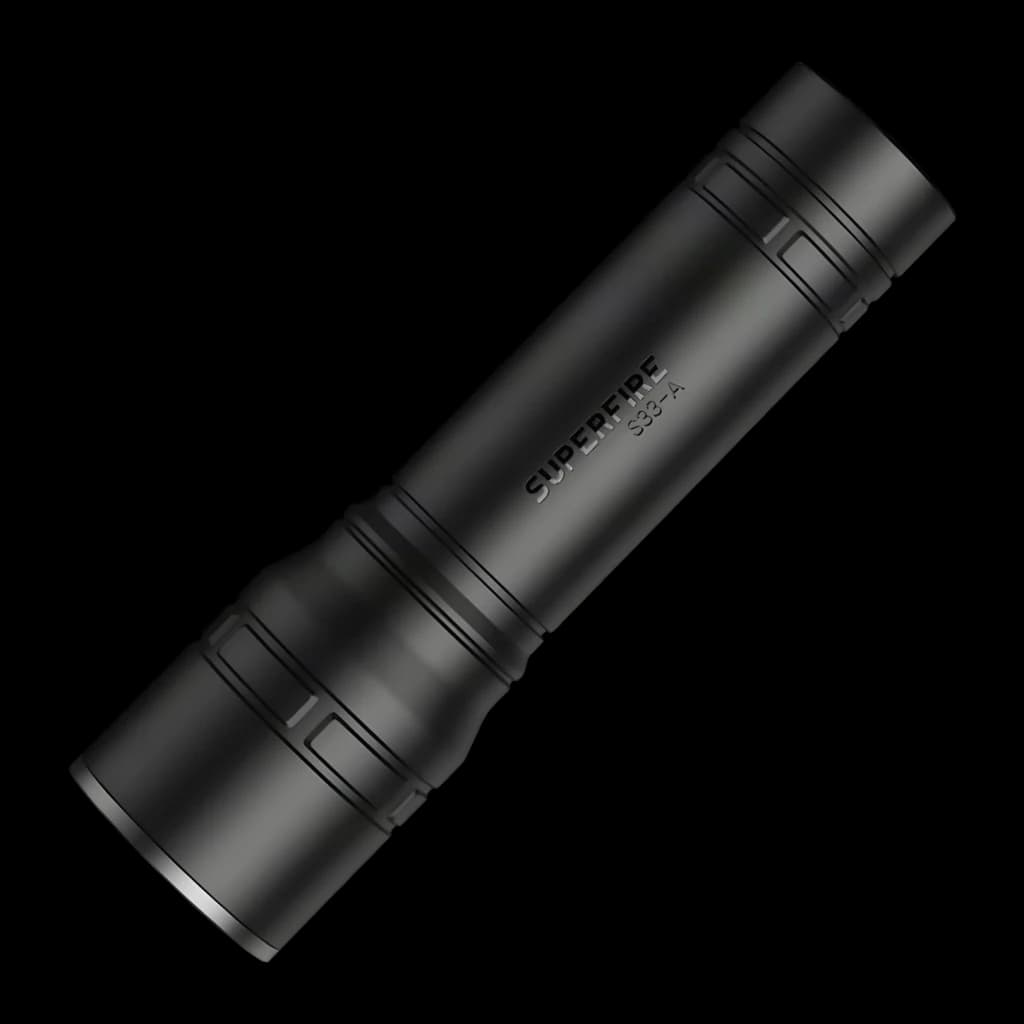 Lanterna LED Superfire Preto Recarregável USB 124 lúmens 219 m S33-A, vista frontal: corpo cilíndrico preto mate