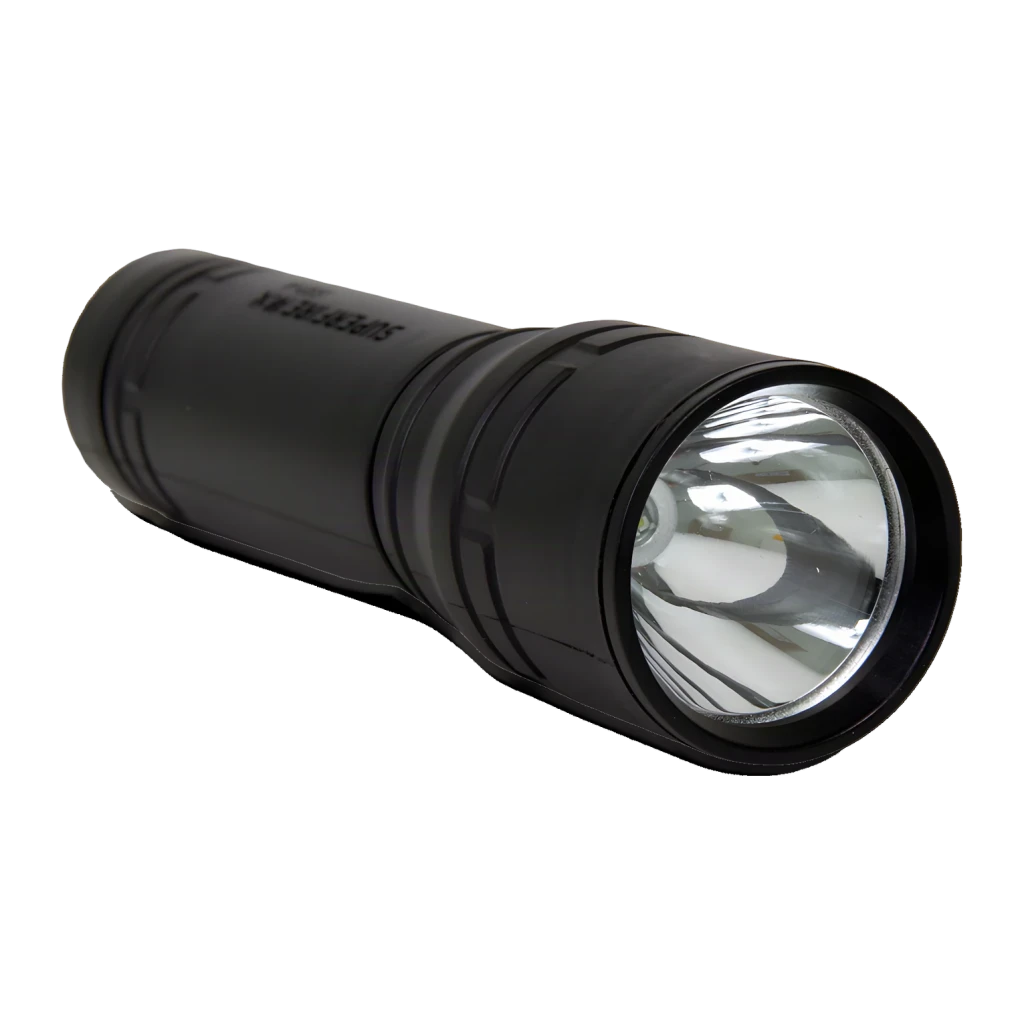 Lanterna LED Superfire Preto Recarregável USB 124 lúmens 219 m S33-A, detalhe: refletor LED e corpo estriado em alumínio