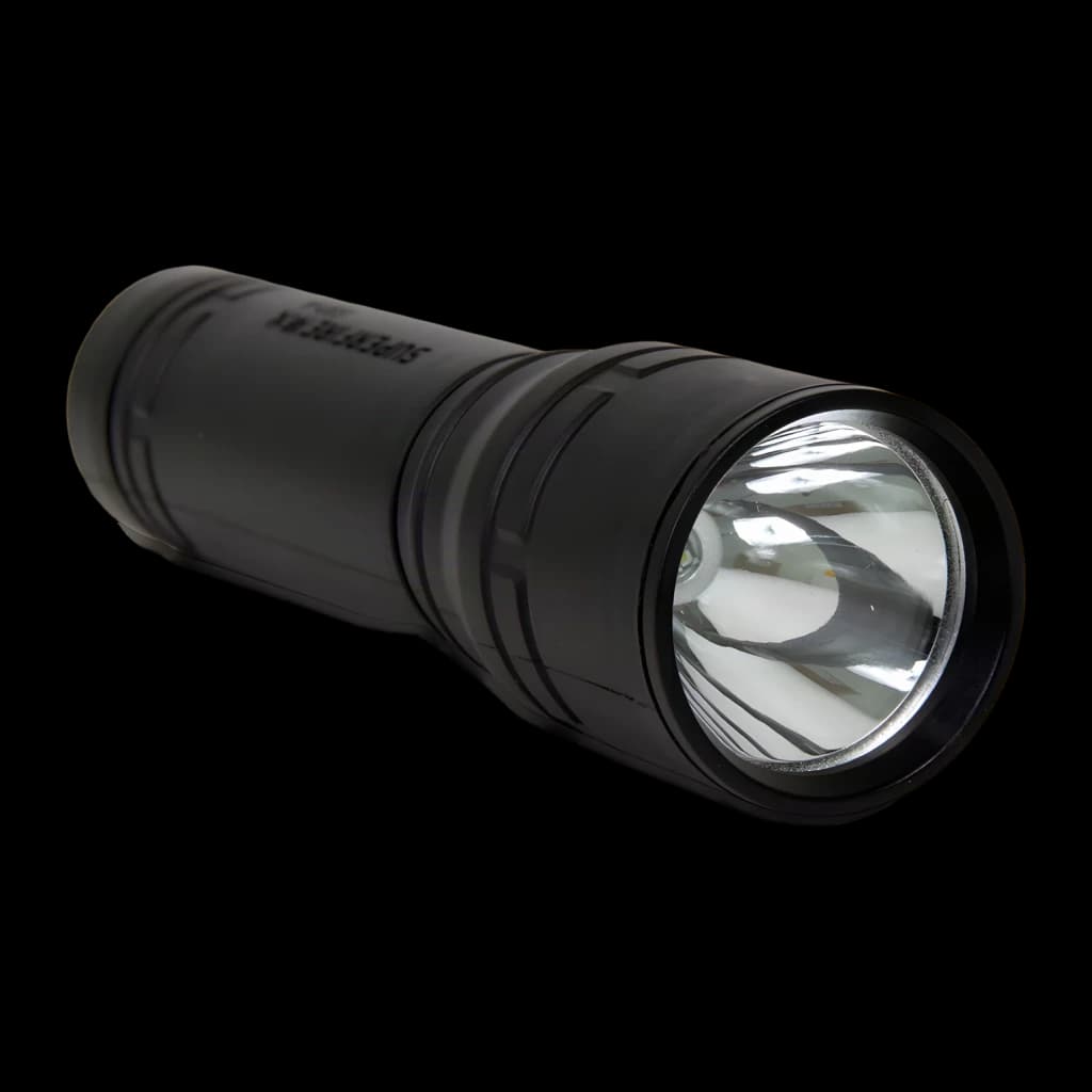 Lanterna LED Superfire Preto Recarregável USB 124 lúmens 219 m S33-A, detalhe: refletor LED e corpo estriado em alumínio