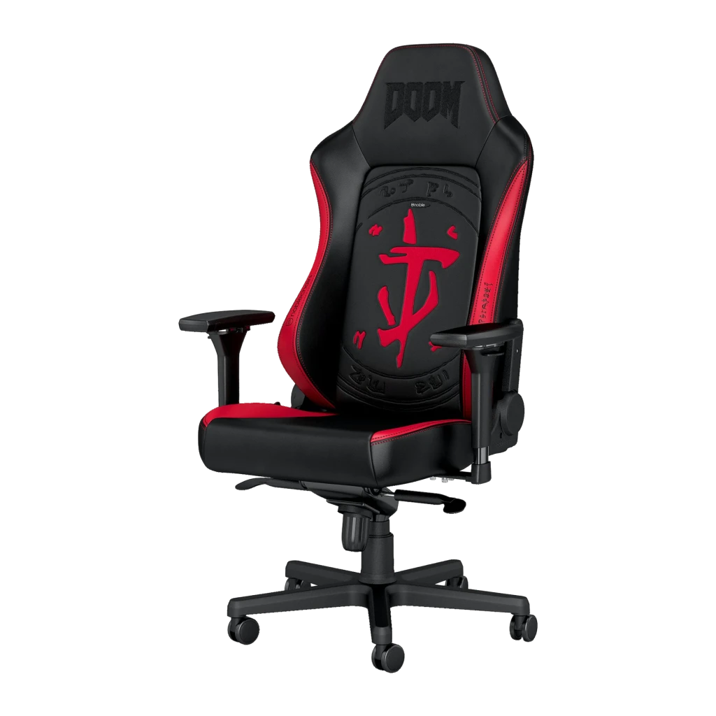 Chaise Gaming Noblechairs Hero DOOM Edition Noir/Rouge Simili Cuir 4D 150 kg, vue de face: logo DOOM en tête et emblème
