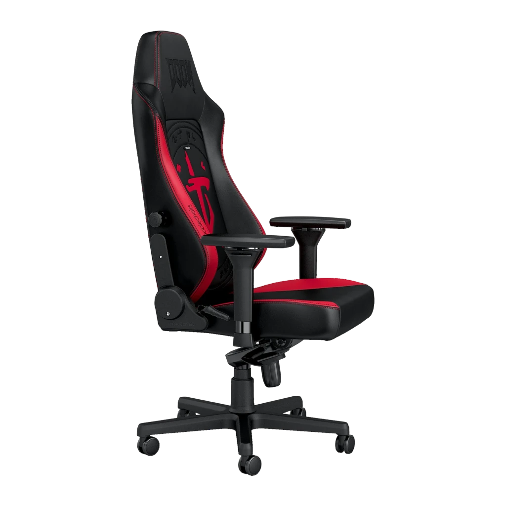 Chaise Gaming Noblechairs Hero DOOM Edition Noir/Rouge Simili Cuir 4D 150 kg, détail: logo Doom Slayer rouge sur dossier