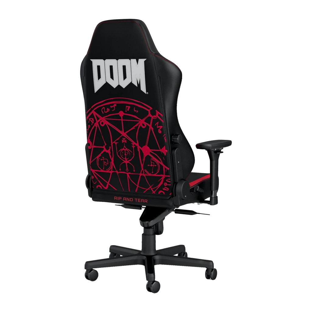Chaise Gaming Noblechairs Hero DOOM Edition Noir/Rouge Simili Cuir 4D 150 kg, vue arrière: logo DOOM, pentagramme rouge