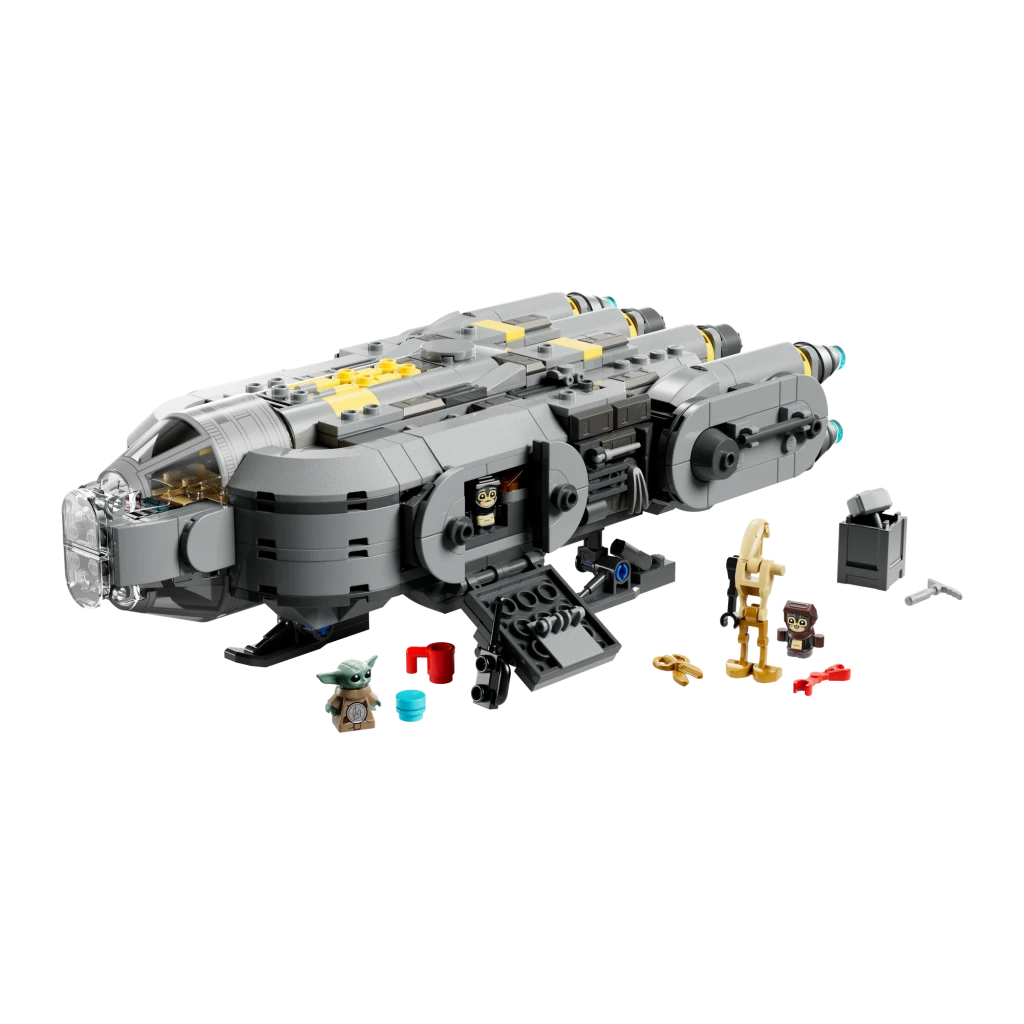 LEGO Star Wars Vaisseau Anzellien 75445 701 pièces, vue de face: vaisseau gris détails jaunes, rampe ouverte et 3