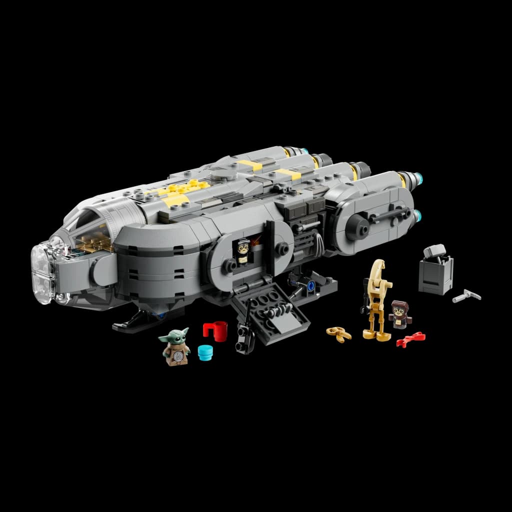 LEGO Star Wars Vaisseau Anzellien 75445 701 pièces, vue de face: vaisseau gris détails jaunes, rampe ouverte et 3