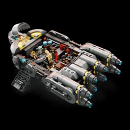 LEGO Star Wars Vaisseau Anzellien 75445 701 pièces, détail: intérieur ouvert avec minifigurines, moteurs bleus et cockpit