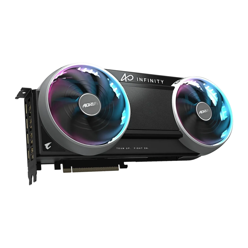 Gigabyte AORUS GeForce RTX 5070 Ti Infinity 16 Go GDDR7 Noir, vue de face: deux ventilateurs RGB et logo INFINITY sur shroud